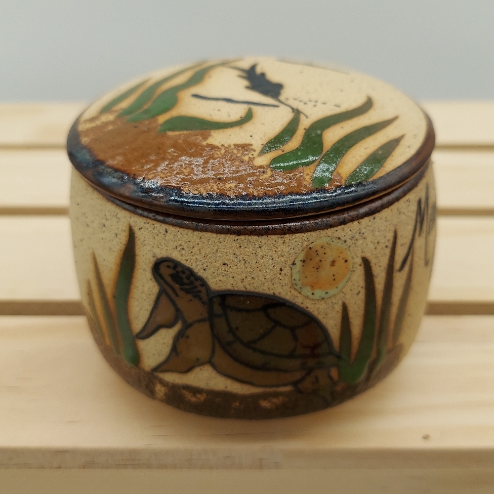 Mexico Pottery Folk Art Tortoise Turtle Catfish Handpainted Container Tonala